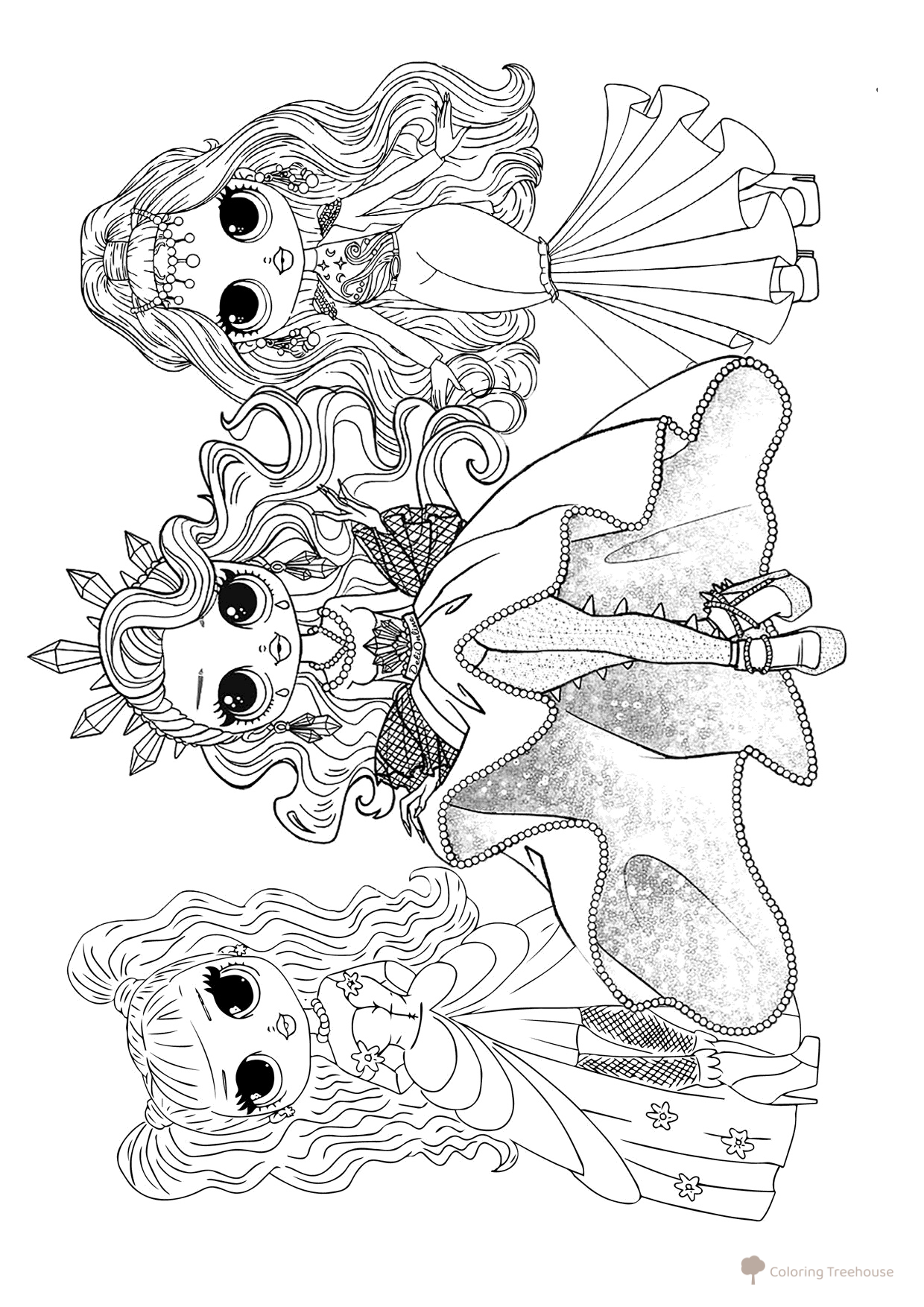 Página para colorear «LOL OMG amigas en vestidos» dibujo para colorear gratis de LOL OMG Coloring Pages