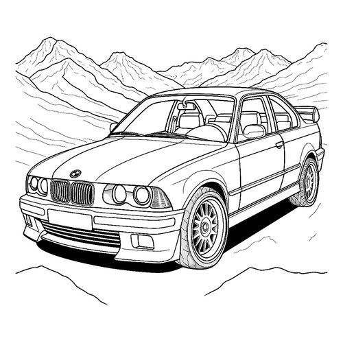 Página para colorear «BMW en las montañas» dibujo para colorear gratis de Páginas para colorear de coches BMW