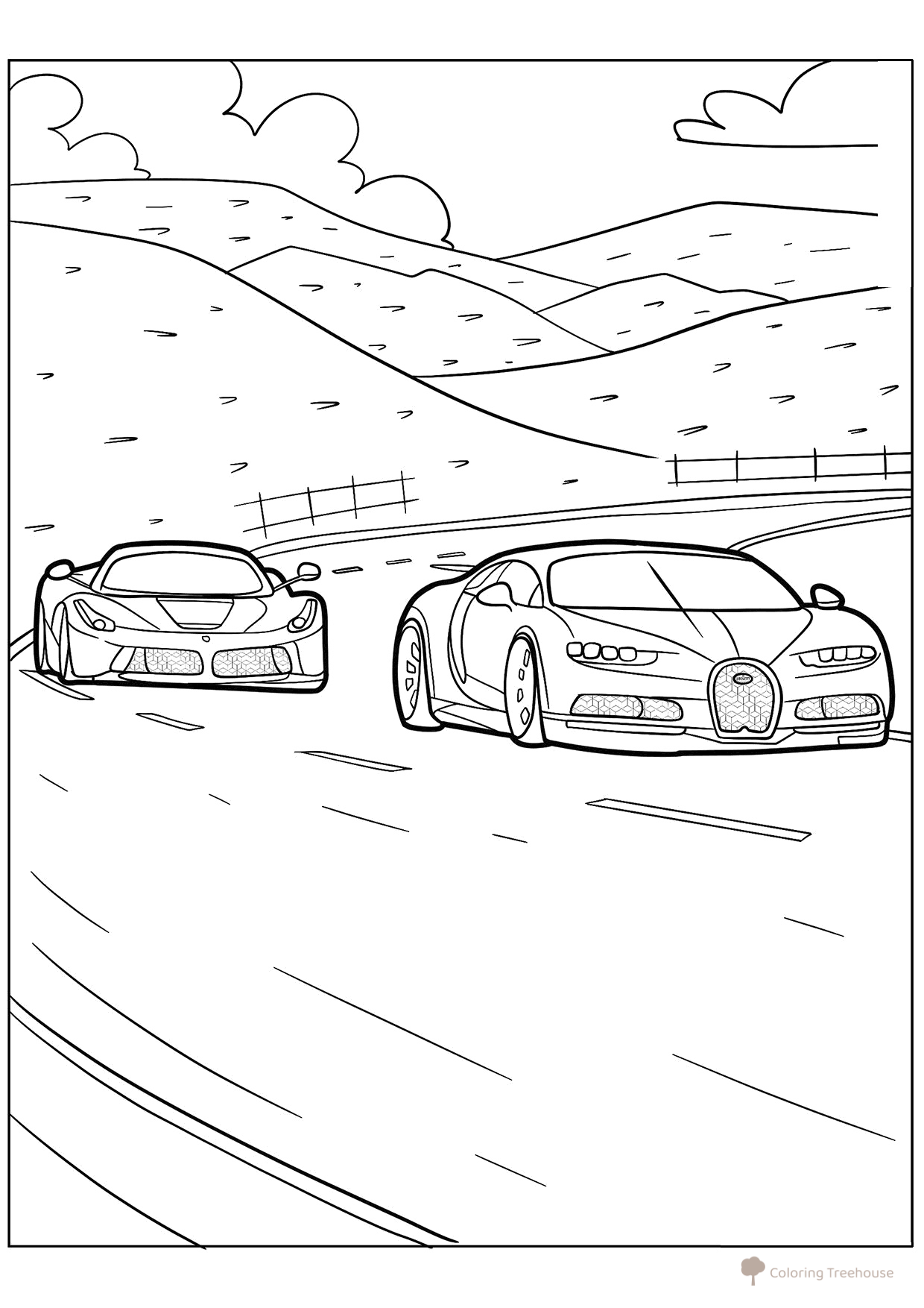 Página para colorear «Bugatti Chiron en la pista» dibujo para colorear gratis de Páginas para colorear de coches Bugatti