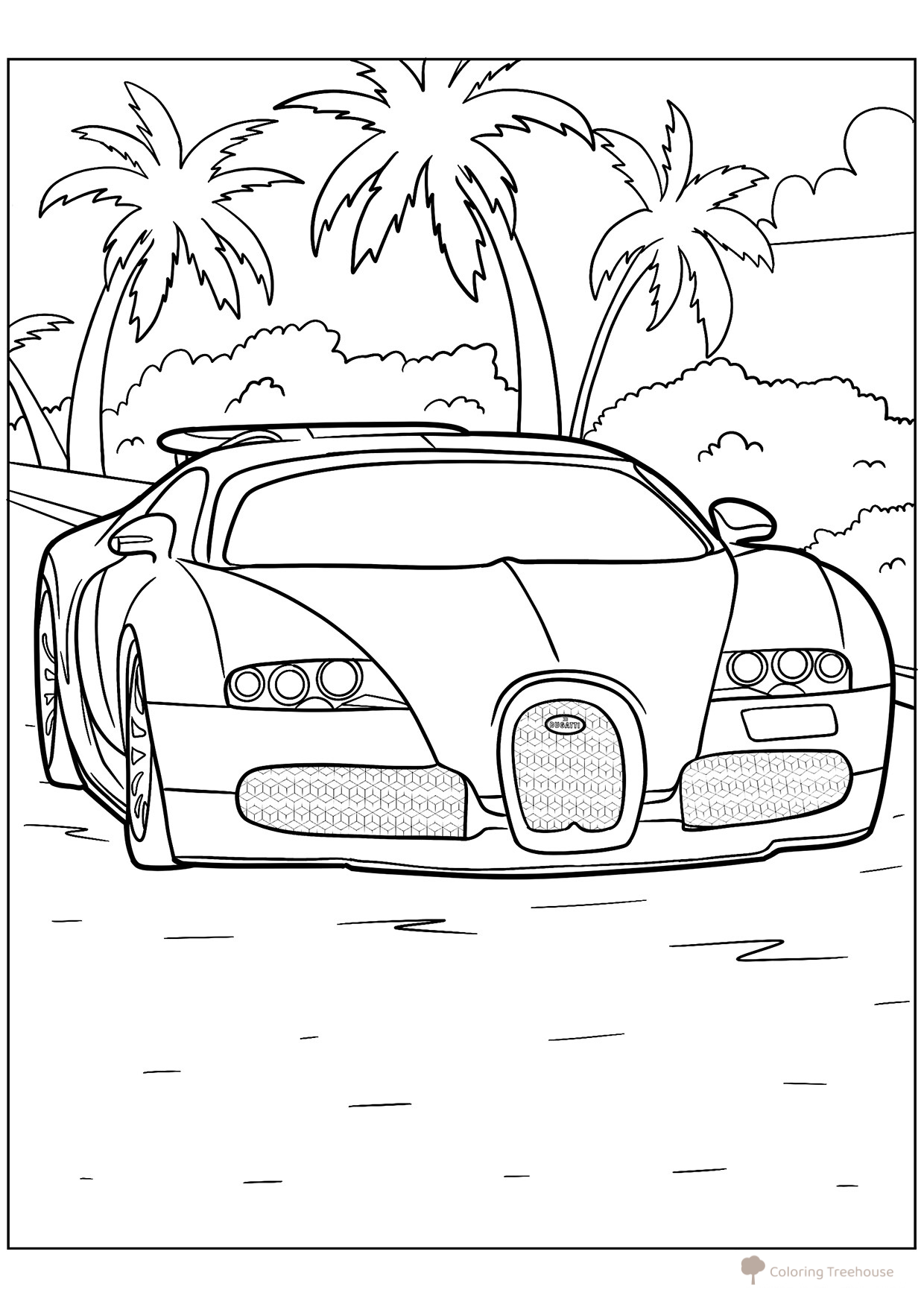 Página para colorear «Bugatti Veyron y palmeras» dibujo para colorear gratis de Páginas para colorear de coches Bugatti