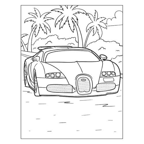Página para colorear «Bugatti Veyron y palmeras» dibujo para colorear gratis de Páginas para colorear de coches Bugatti