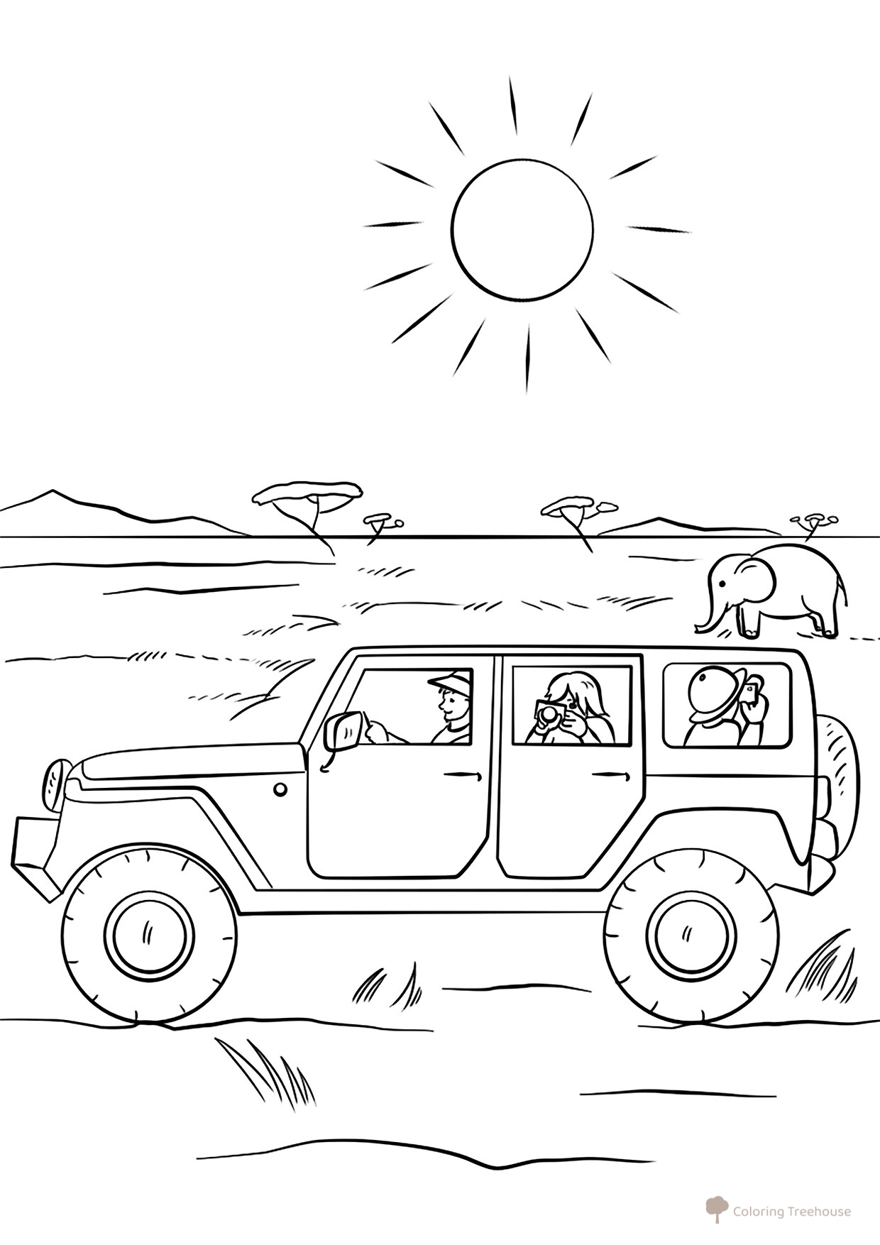 Jeep on Safari Coloring Page free printable Jeep Coloring Pages coloring page