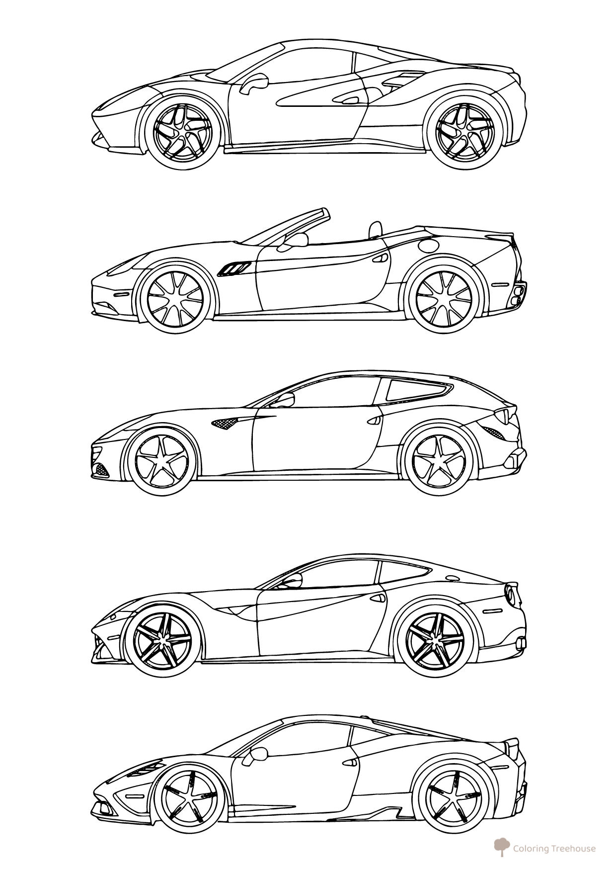 Páginas para colorear «Conjunto de diferentes Ferrari» dibujo para colorear gratis de Páginas para colorear de coches Ferrari