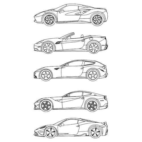 Páginas para colorear «Conjunto de diferentes Ferrari» dibujo para colorear gratis de Páginas para colorear de coches Ferrari