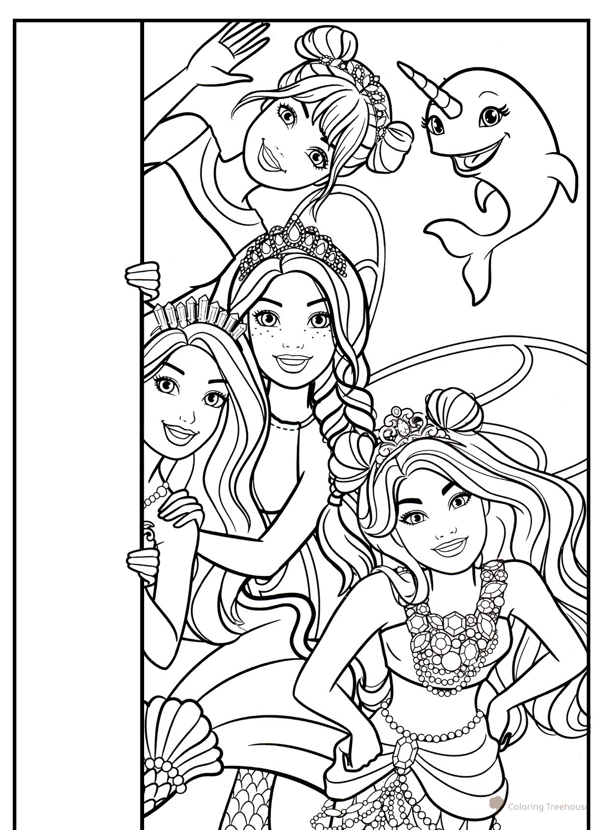 Página para colorear: Postal de Barbie con amigas y un narval dibujo para colorear gratis de Barbie Coloring Pages for Girls