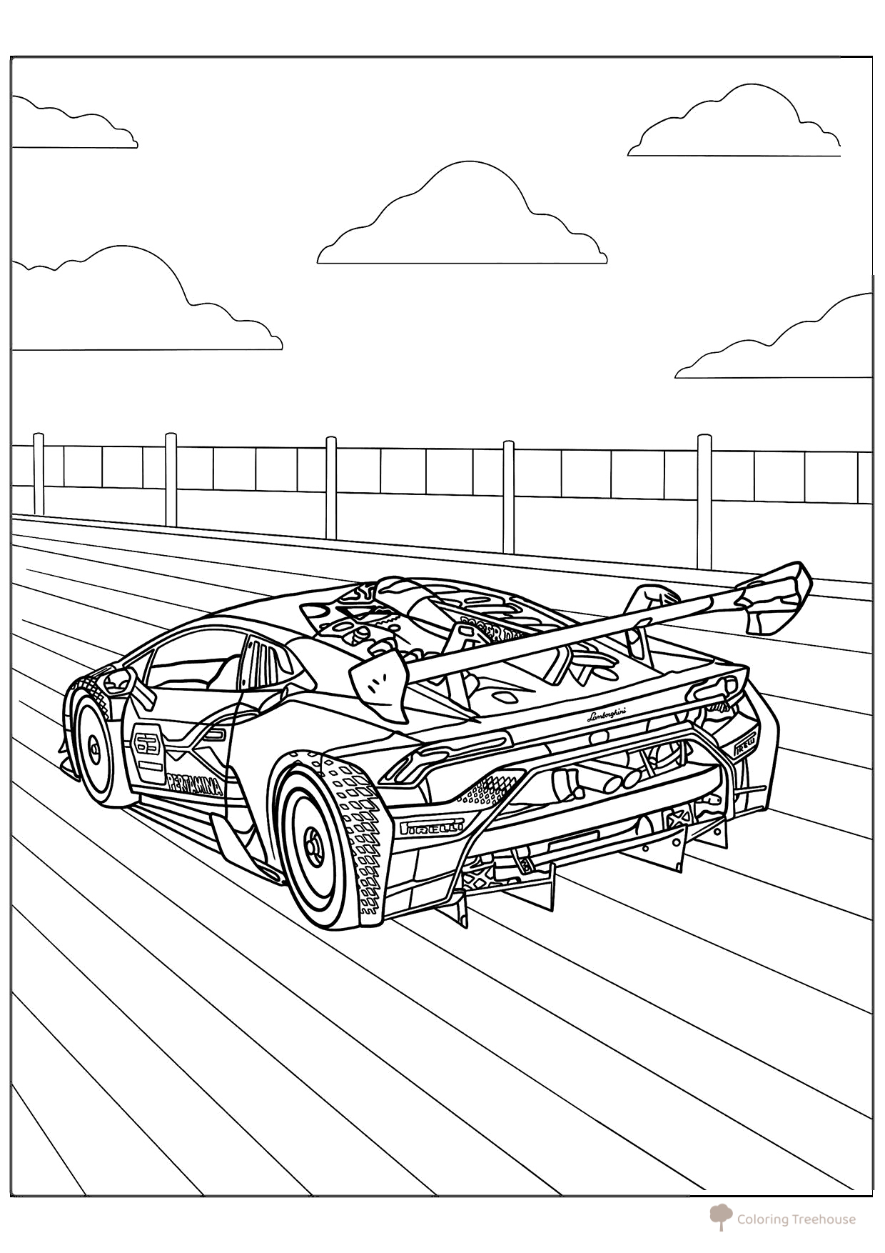 Página para colorear «Lamborghini de carreras visto desde atrás» dibujo para colorear gratis de Páginas para colorear de coches de carreras y deportivos