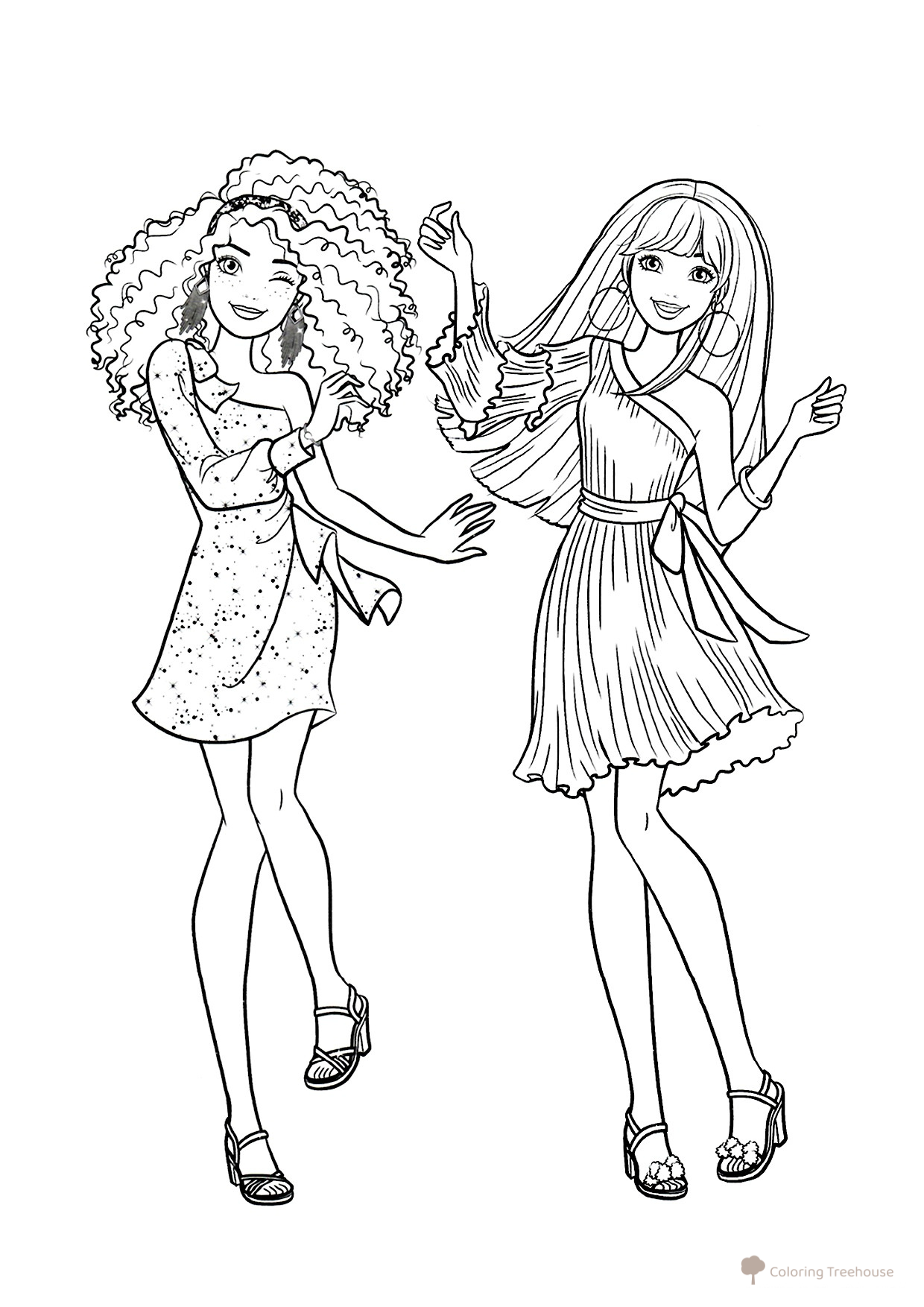 Página para colorear: Amigas de Barbie bailando dibujo para colorear gratis de Barbie Coloring Pages for Girls