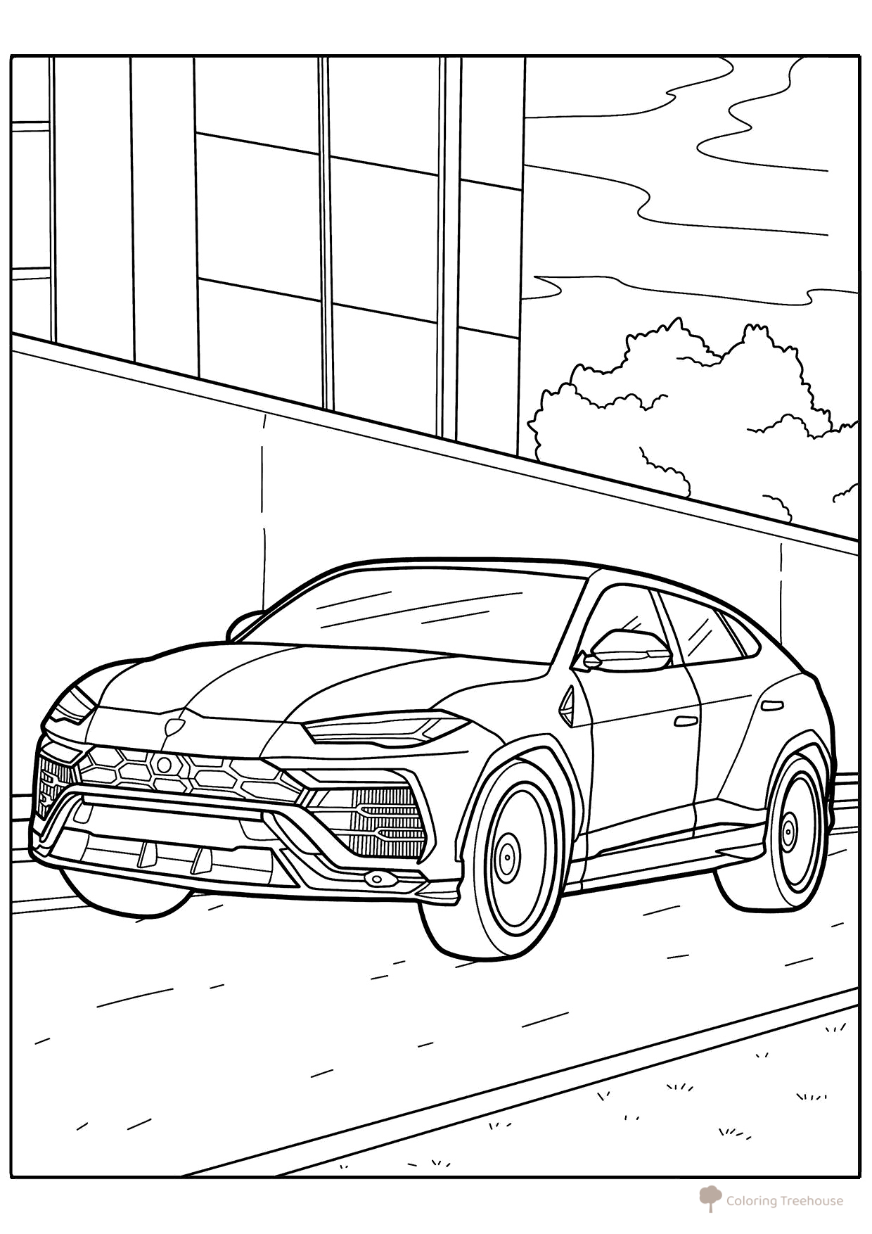 Página para colorear «Crossover Lamborghini Urus en la ciudad» dibujo para colorear gratis de Páginas para colorear de coches Lamborghini