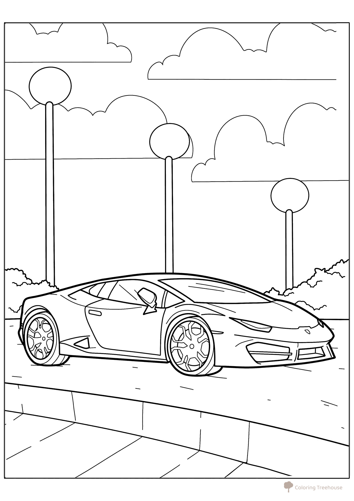 Dibujo para colorear «Lamborghini Huracán en la ciudad» dibujo para colorear gratis de Páginas para colorear de coches Lamborghini