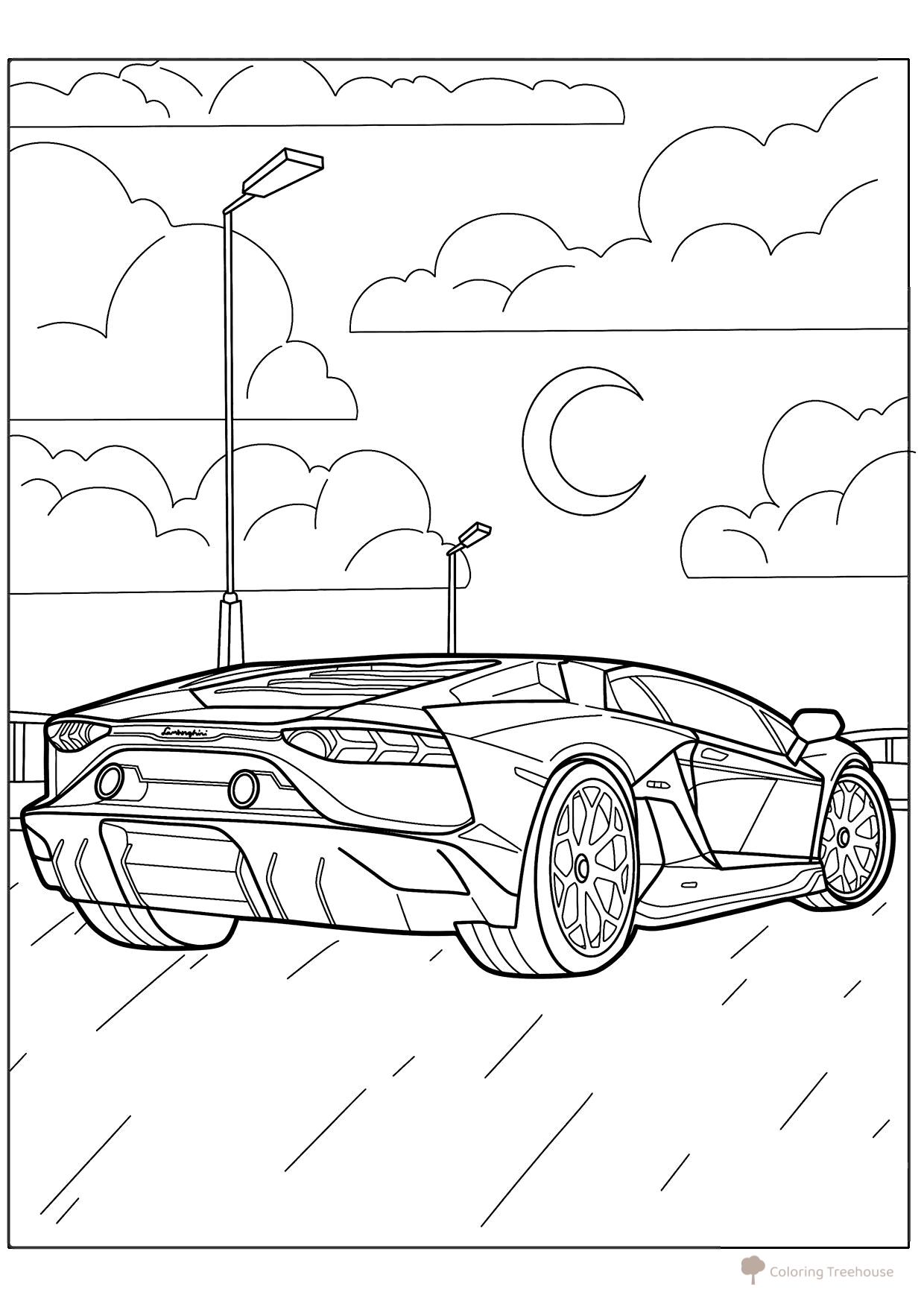Lámina para colorear «Lamborghini visto desde atrás» dibujo para colorear gratis de Páginas para colorear de coches Lamborghini