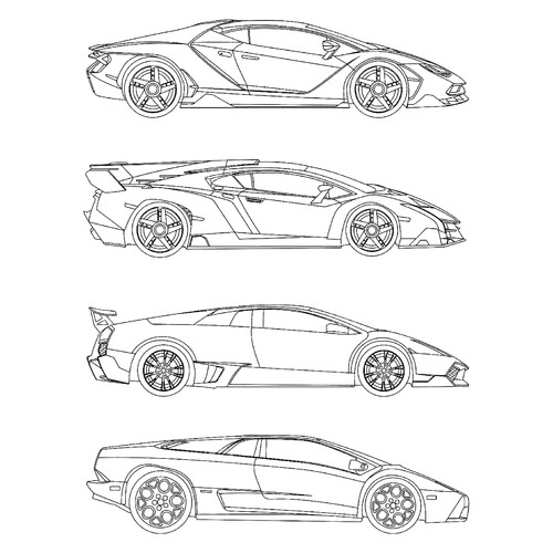 Página para colorear «Colección de varios Lamborghini» dibujo para colorear gratis de Páginas para colorear de coches Lamborghini