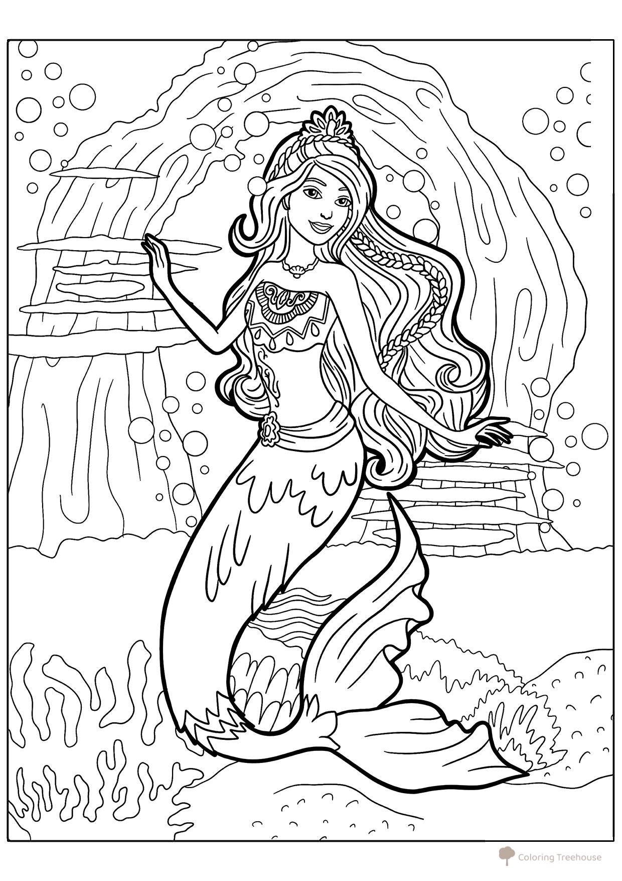 Página para colorear «La Sirenita Barbie en el océano» dibujo para colorear gratis de Barbie Coloring Pages for Girls