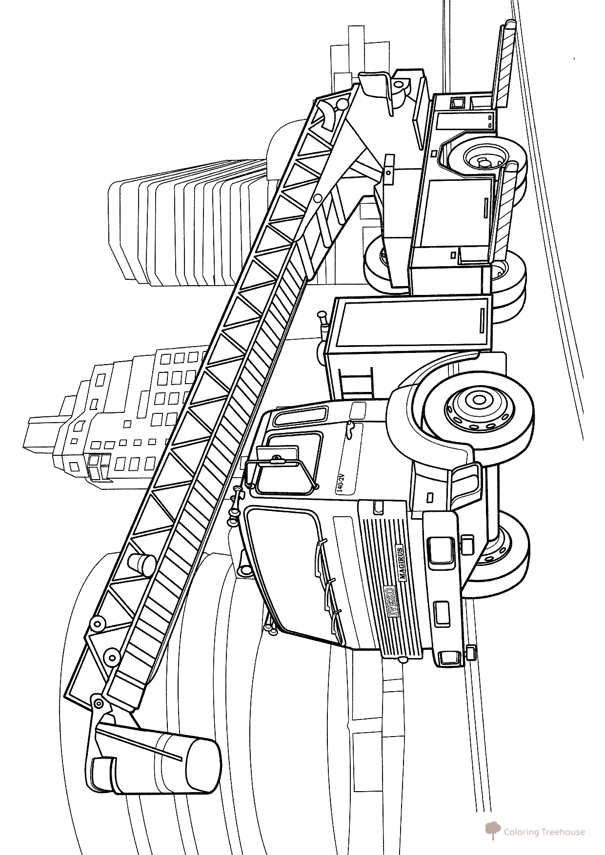 Página para colorear «Camión de bomberos Iveco» dibujo para colorear gratis de Páginas para colorear de camiones de bomberos