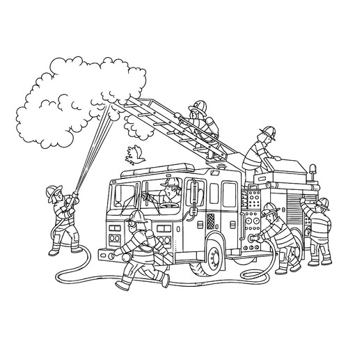 涂色画 “消防员扑灭火灾” 免费可打印消防车涂色页涂色页