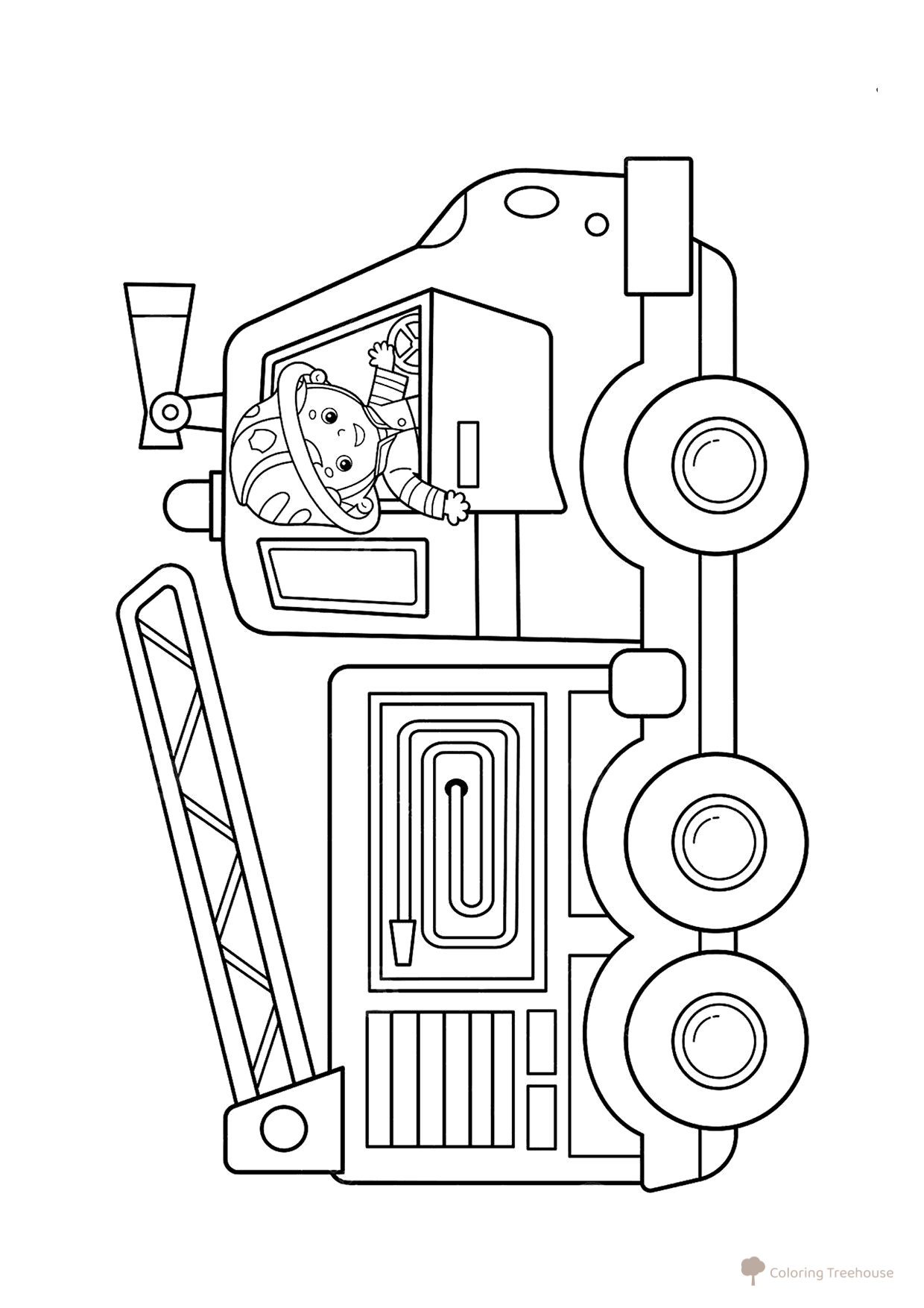 Página para colorear «Bombero en el camión de bomberos» dibujo para colorear gratis de Páginas para colorear de camiones de bomberos