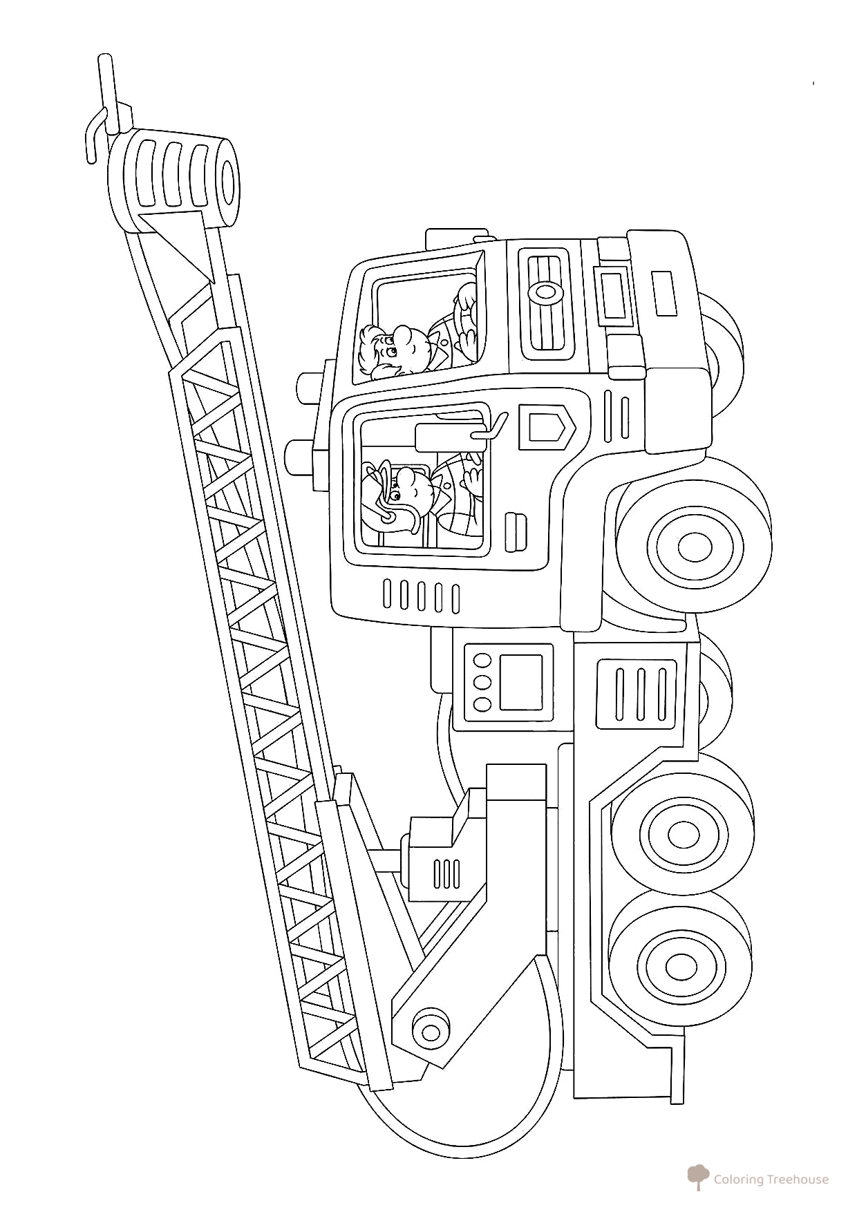 Dibujo para colorear «Coche de bomberos especial con bomberos» dibujo para colorear gratis de Páginas para colorear de camiones de bomberos