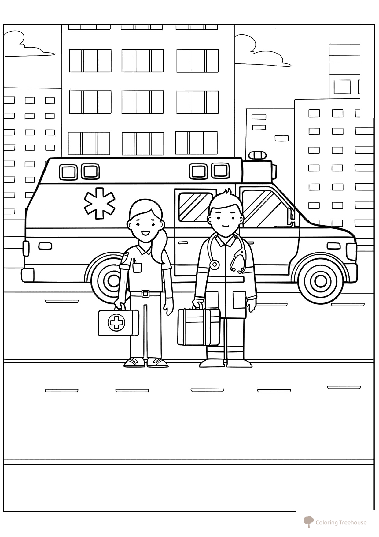 Página para colorear «Ambulancia y paramédicos» dibujo para colorear gratis de Páginas para colorear de ambulancias