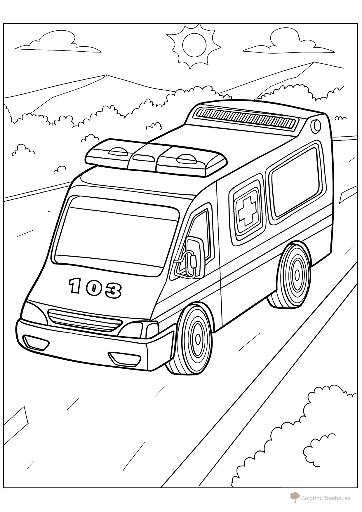 Ambulance on the Road Coloring Page free printable Ambulance Coloring Pages coloring page