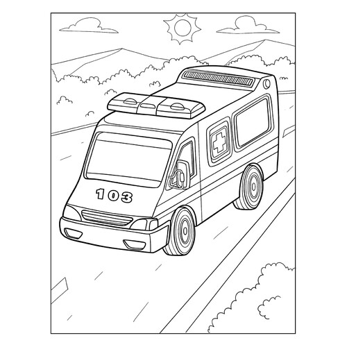 Ambulance on the Road Coloring Page free printable Ambulance Coloring Pages coloring page