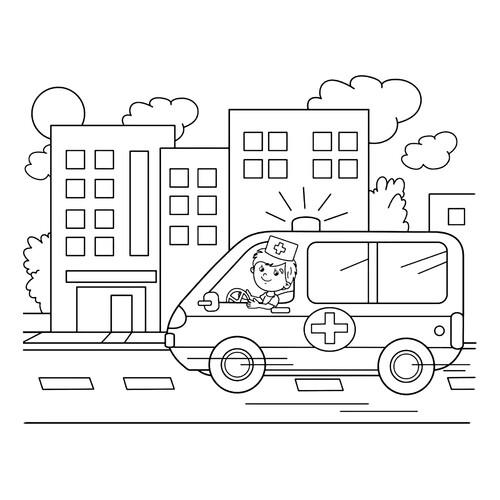 Ambulance in the City Coloring Page free printable Ambulance Coloring Pages coloring page