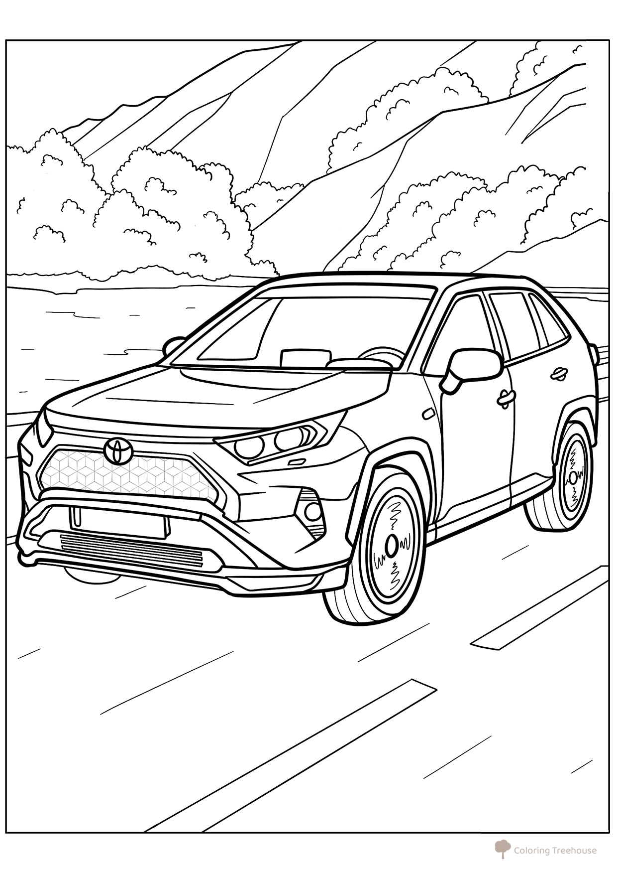 Página para colorear «Toyota RAV-4 en las montañas» dibujo para colorear gratis de Páginas para colorear de coches Toyota