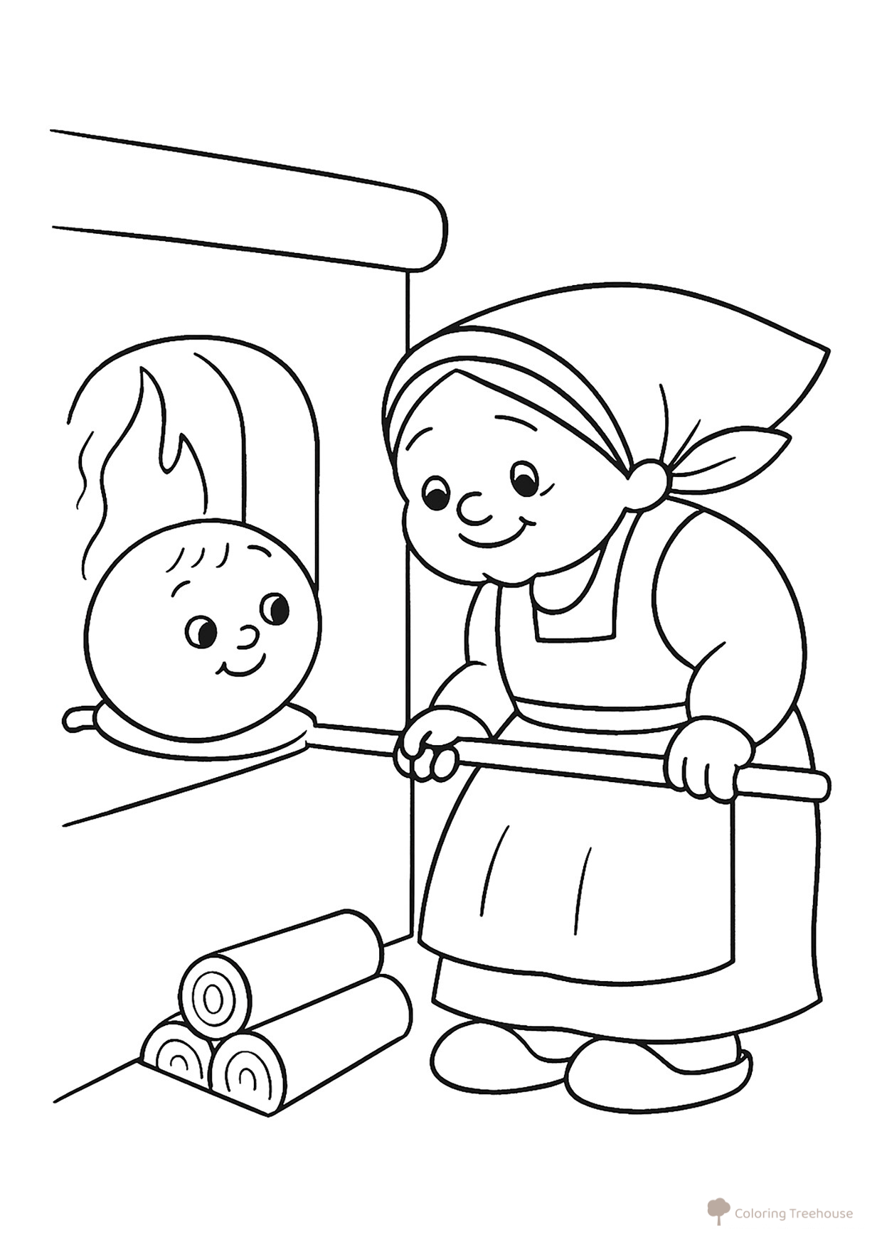 Página para colorear «La abuela y el bolita de masa en el horno» dibujo para colorear gratis de Páginas para colorear del cuento Kolobok