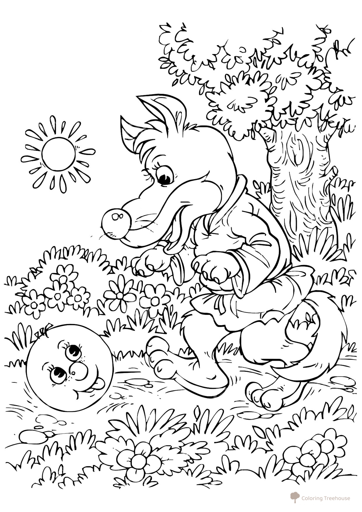 Kolobok and the Wolf Coloring Page free printable Kolobok Coloring Pages coloring page