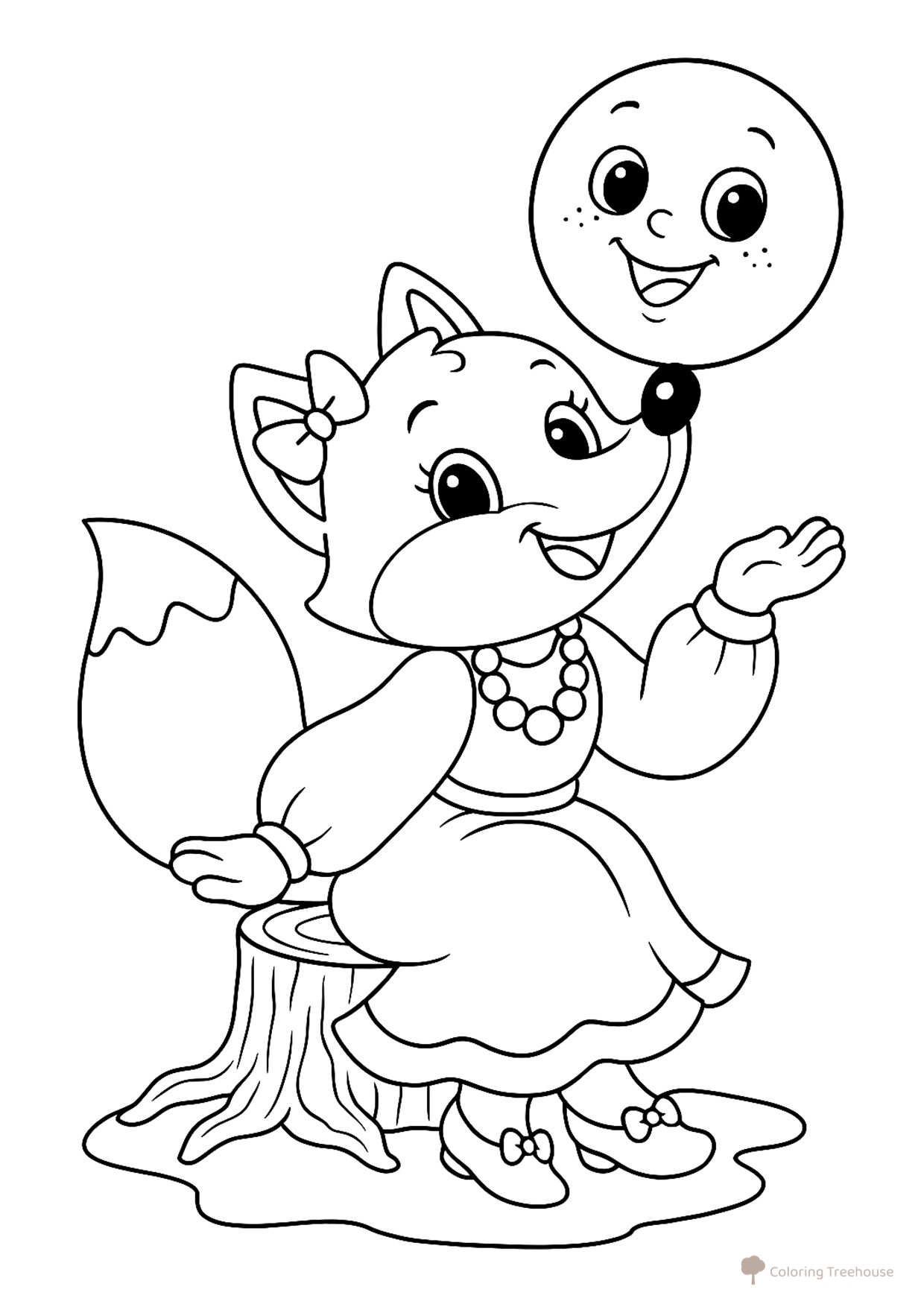 Página para colorear «Zorrita con el kolobok en la nariz» dibujo para colorear gratis de Páginas para colorear del cuento Kolobok