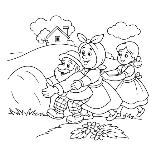 Página para colorear «La nabo gigante: el abuelo, la abuela y la nieta» dibujo para colorear gratis de Páginas para colorear del cuento «El nabo»