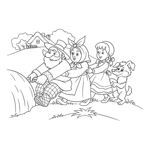 Página para colorear «La nabiza: el abuelo, la abuela y la perrita» dibujo para colorear gratis de Páginas para colorear del cuento «El nabo»