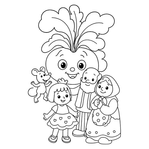 Página para colorear «El nabo: abuelo, abuela, nieta y el ratón» dibujo para colorear gratis de Páginas para colorear del cuento «El nabo»