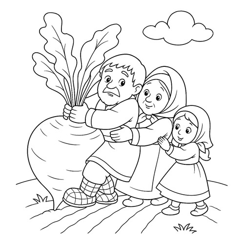 Página para colorear «La nieta por la abuela, la abuela por el abuelo, el abuelo por el nabo» dibujo para colorear gratis de Páginas para colorear del cuento «El nabo»