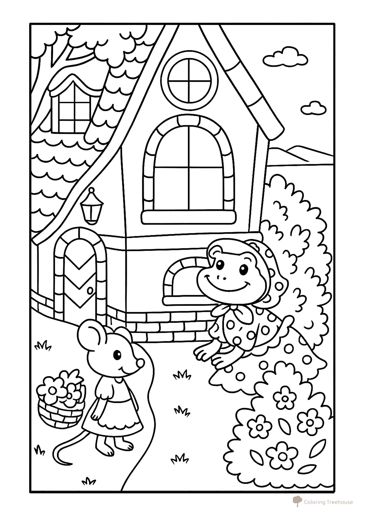 Página para colorear «Teremok: la rana y el ratón» dibujo para colorear gratis de Páginas para colorear del cuento «Teremok»