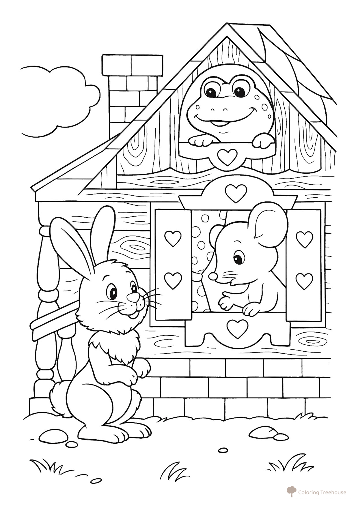 Página para colorear «El conejito llegó al teremok» dibujo para colorear gratis de Páginas para colorear del cuento «Teremok»