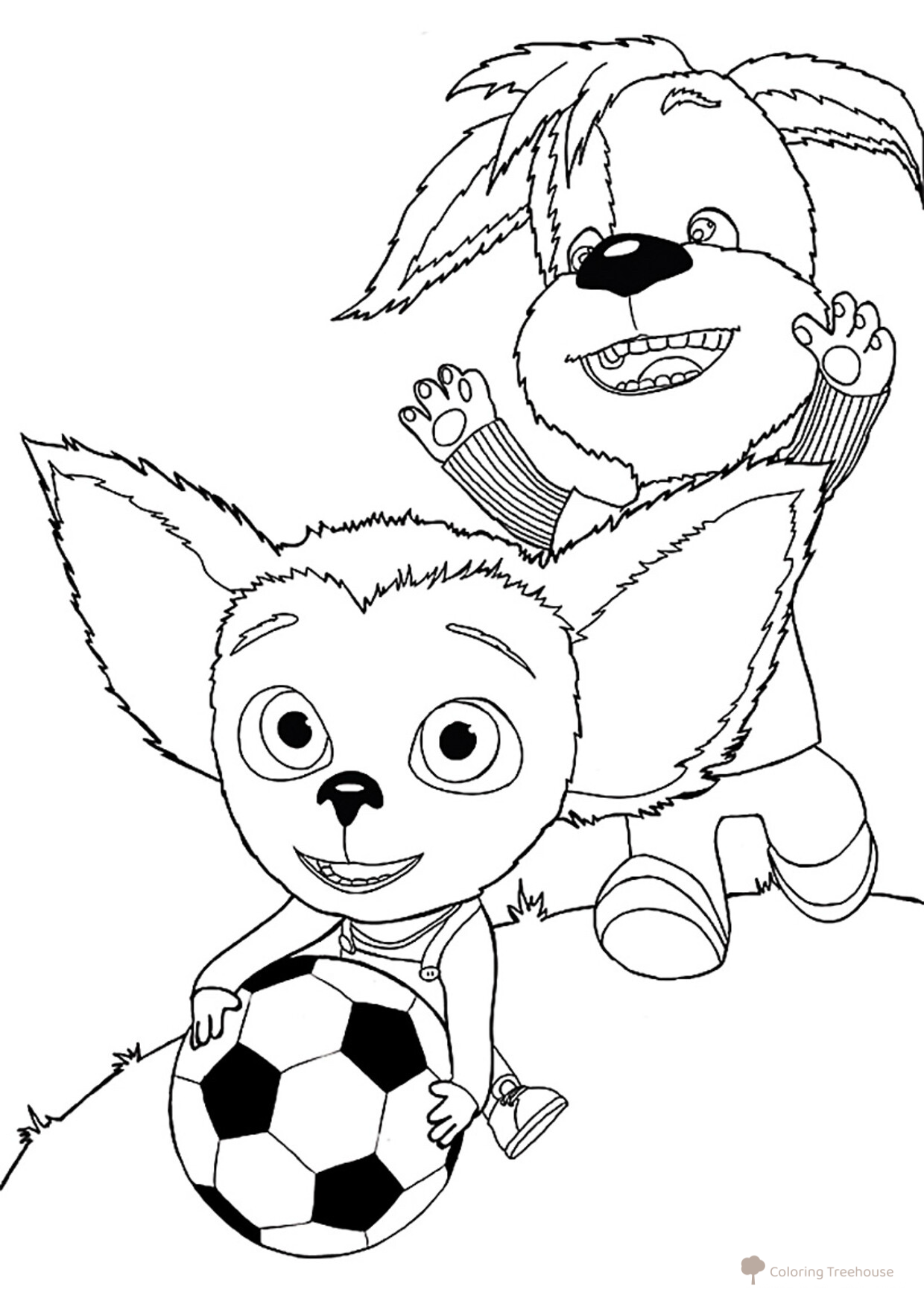 Página para colorear: El Bebé y Druzhok juegan al fútbol dibujo para colorear gratis de Láminas para colorear de Barboskiny