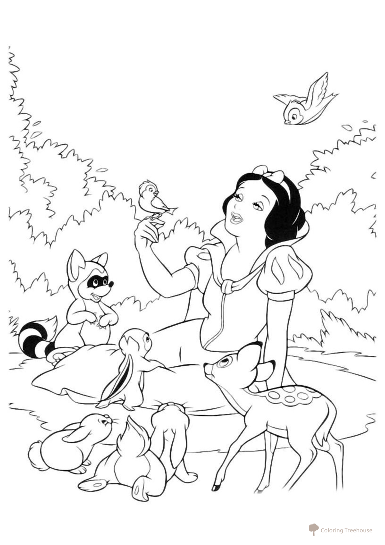 Snow White and Birds Coloring Page free printable Snow White Coloring Pages coloring page