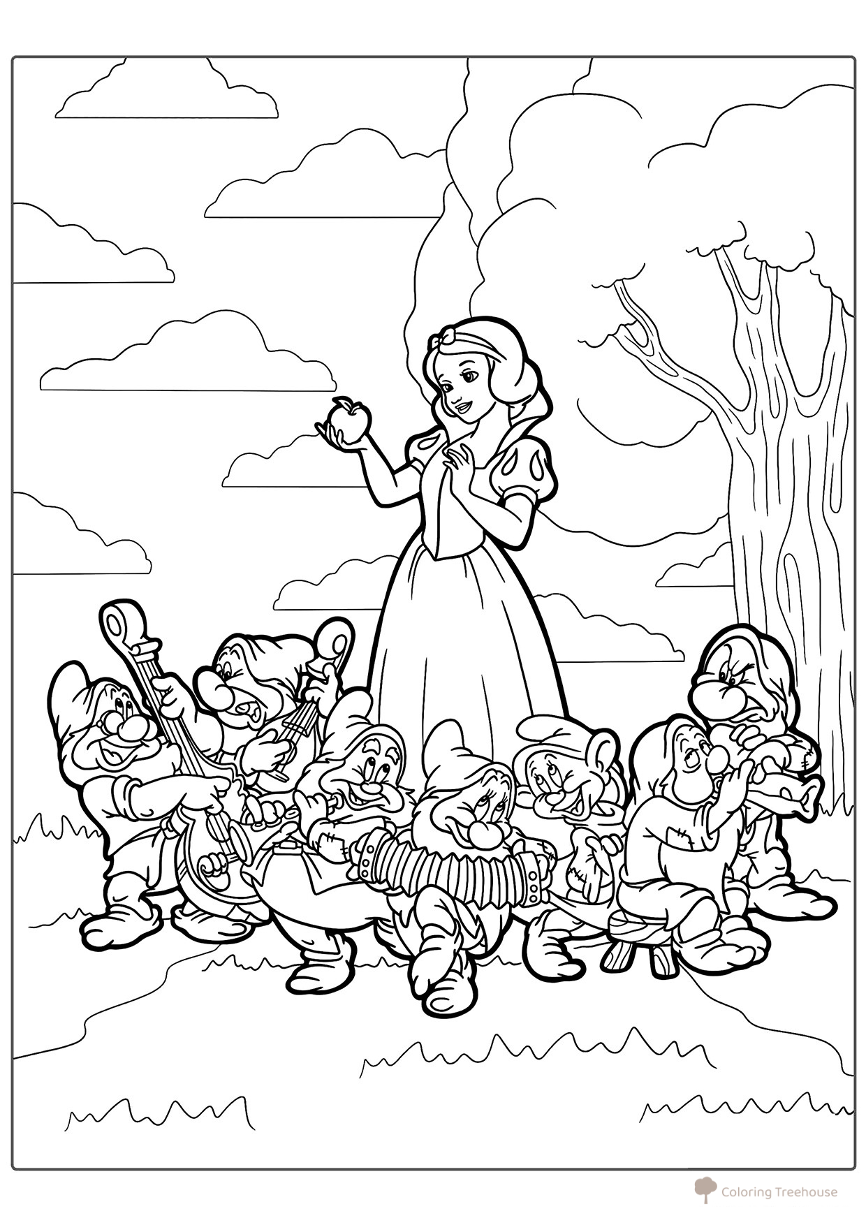 Snow White Coloring Page with Apple and Dwarfs free printable Snow White Coloring Pages coloring page