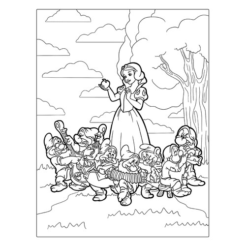 Snow White Coloring Page with Apple and Dwarfs free printable Snow White Coloring Pages coloring page