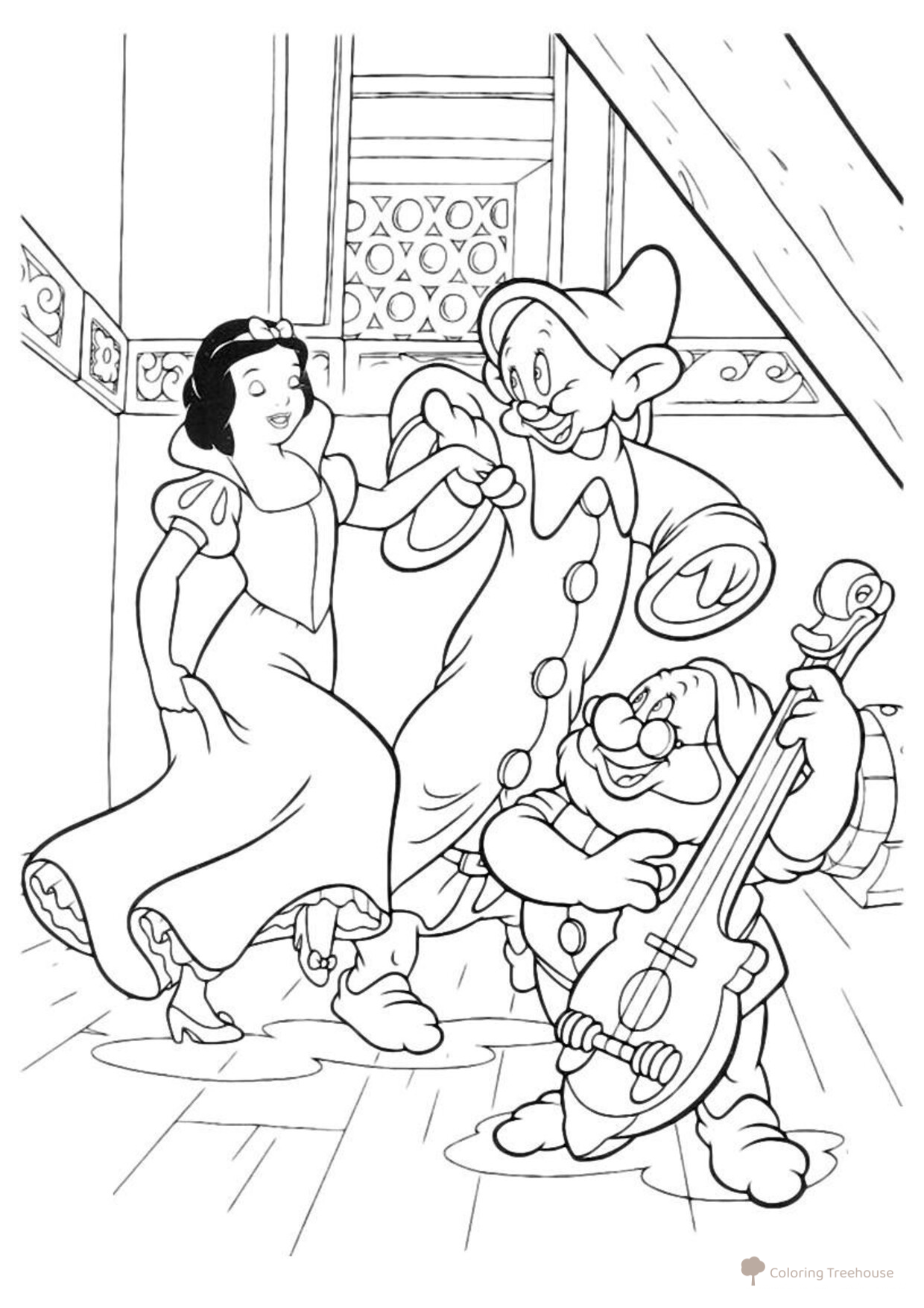Libro para colorear: Blancanieves bailando con los enanitos dibujo para colorear gratis de Blancanieves — páginas para colorear