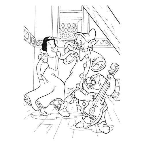 Libro para colorear: Blancanieves bailando con los enanitos dibujo para colorear gratis de Blancanieves — páginas para colorear