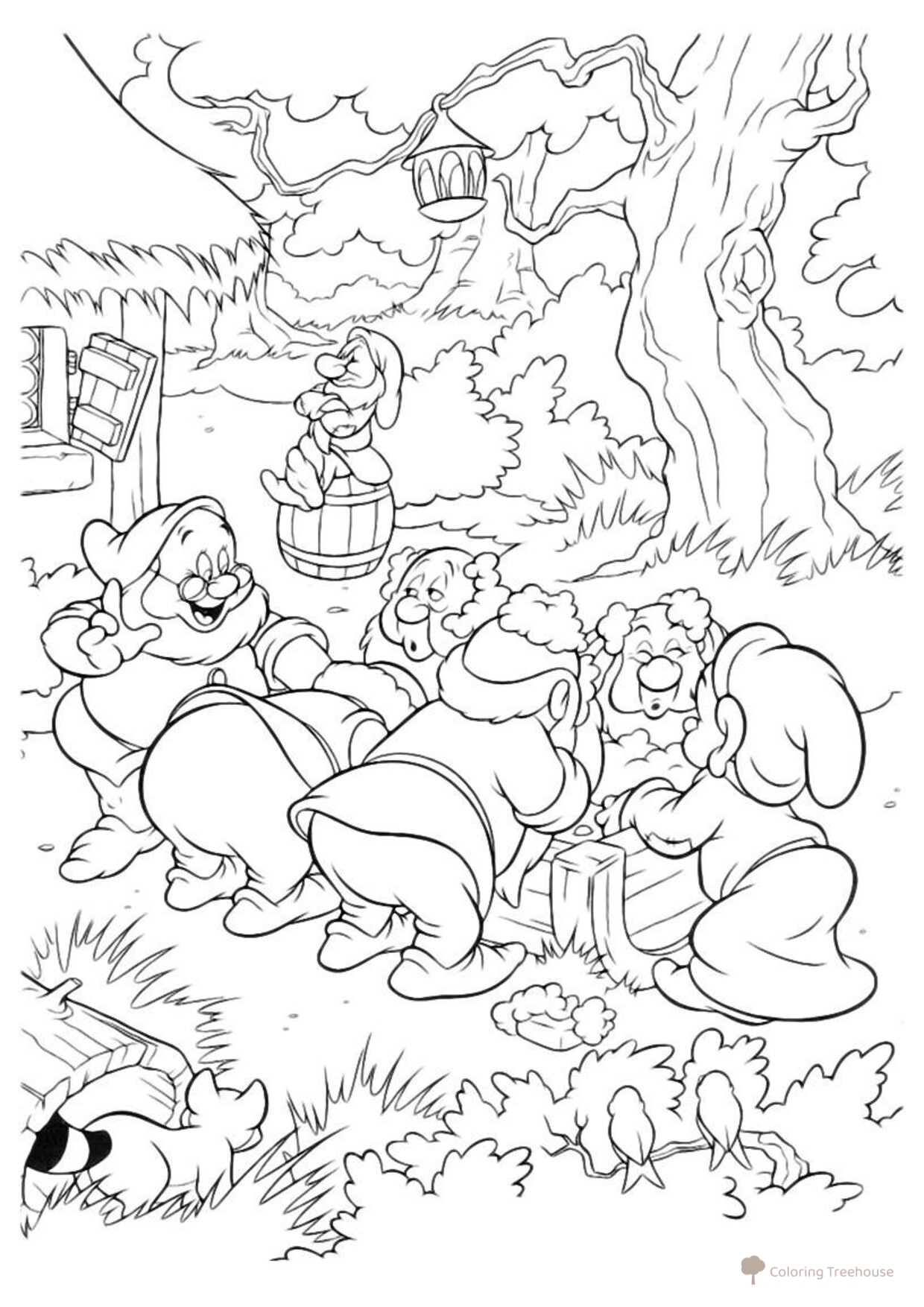 Página para colorear: Los enanitos se lavan dibujo para colorear gratis de Blancanieves — páginas para colorear