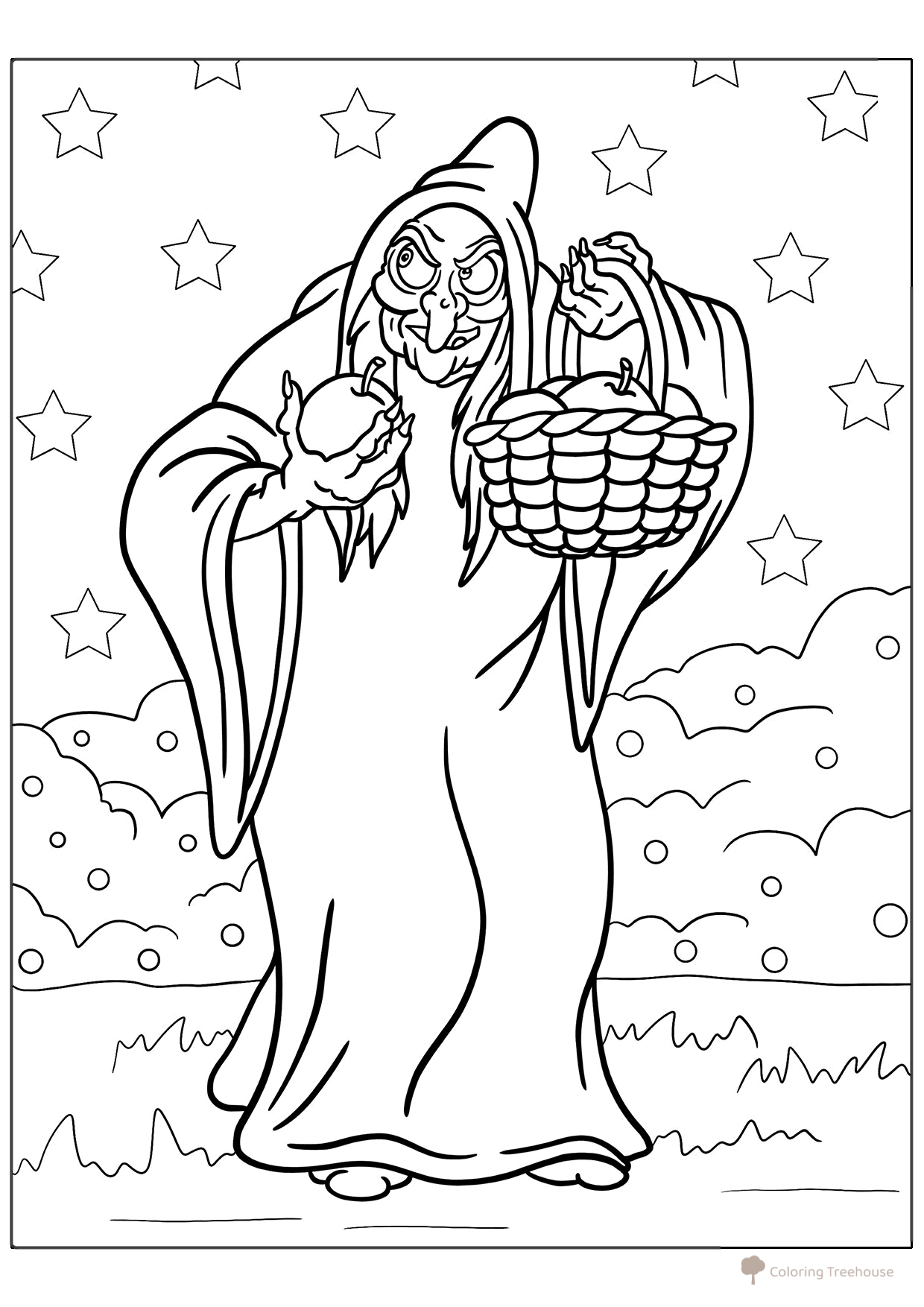Página para colorear: La bruja lleva manzanas a Blancanieves dibujo para colorear gratis de Blancanieves — páginas para colorear