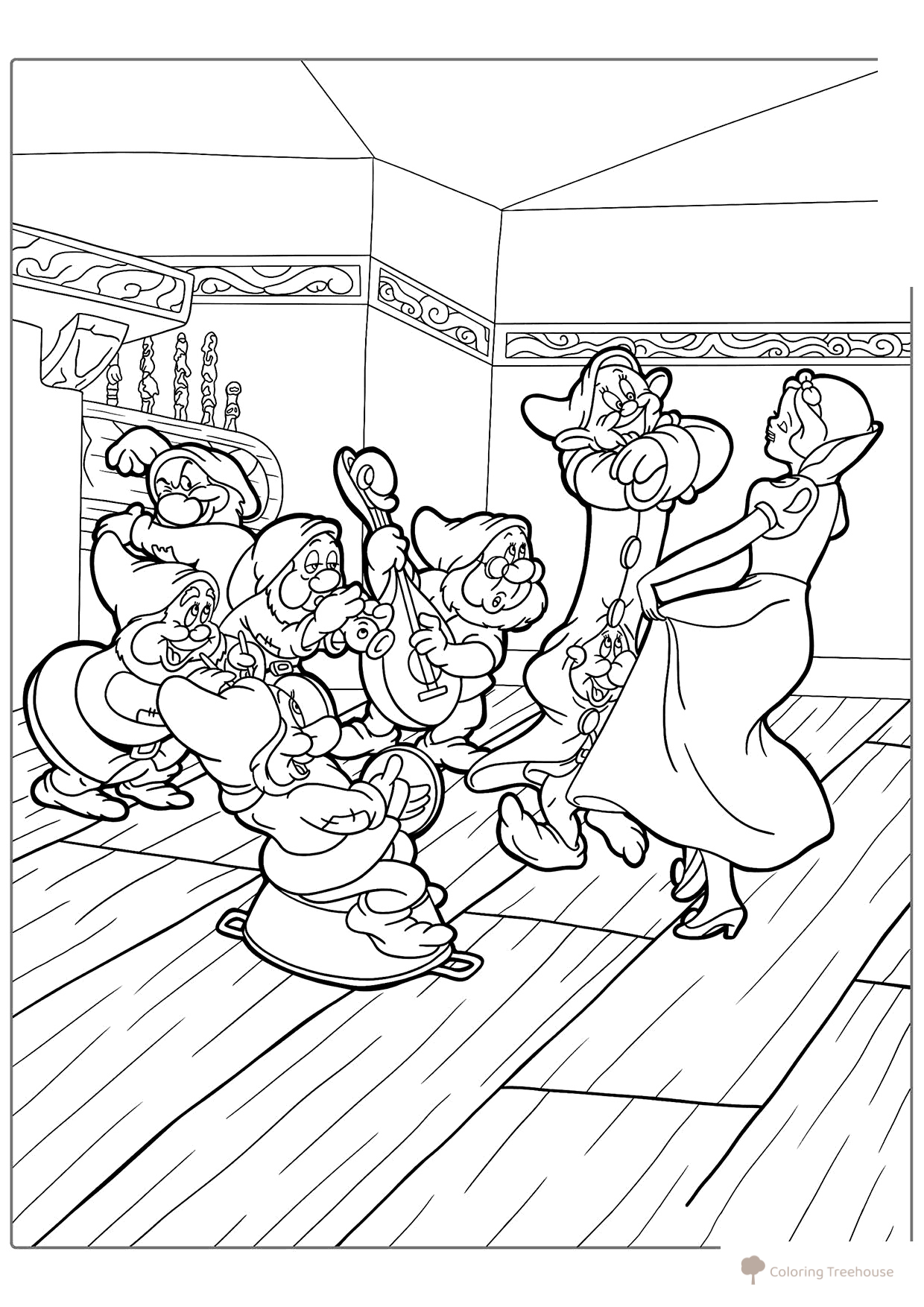 Happy Dance of Snow White with Dwarfs Coloring Page free printable Snow White Coloring Pages coloring page