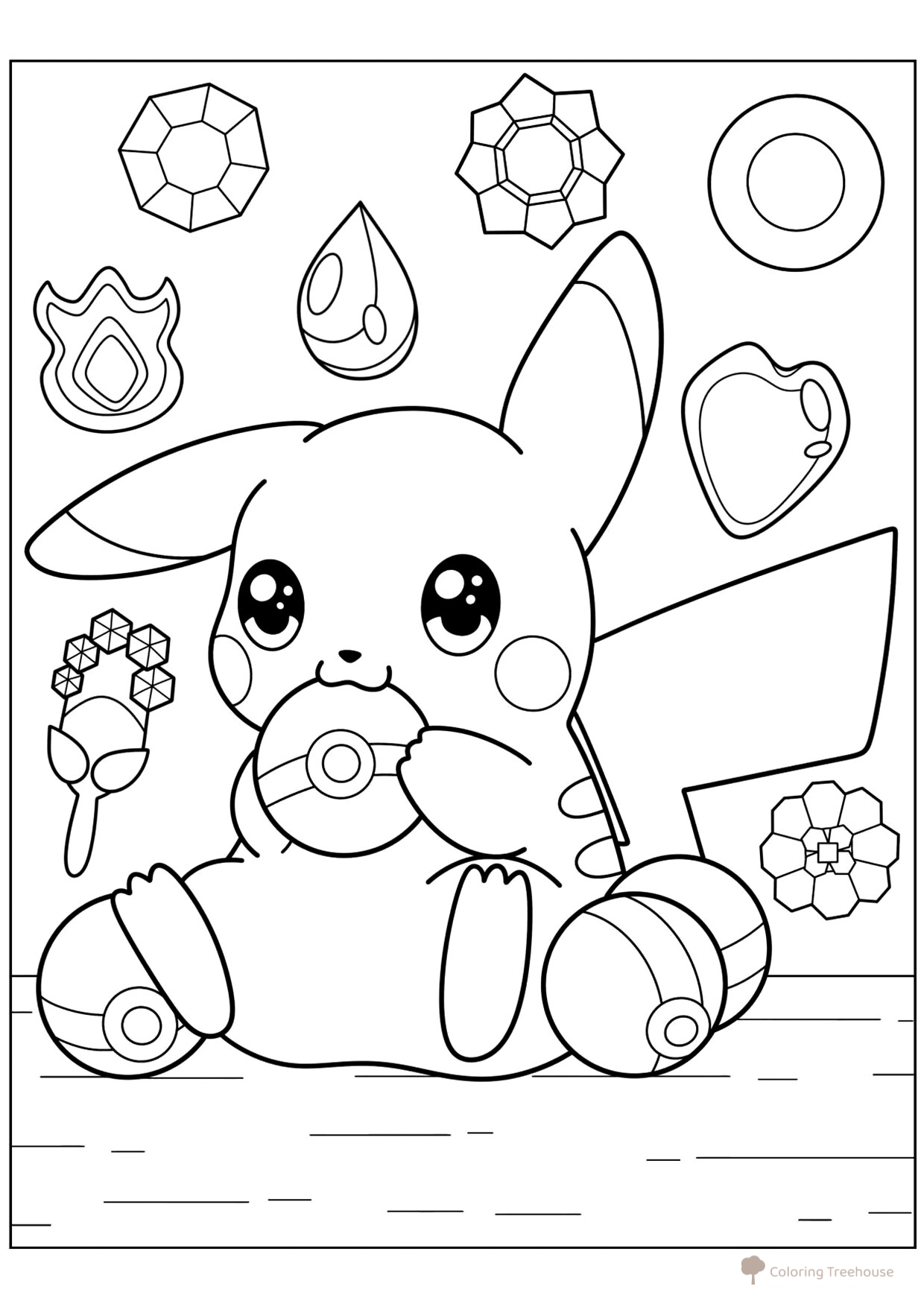 Pikachu Biting a Poké Ball Coloring Page free printable Pikachu Coloring Pages coloring page