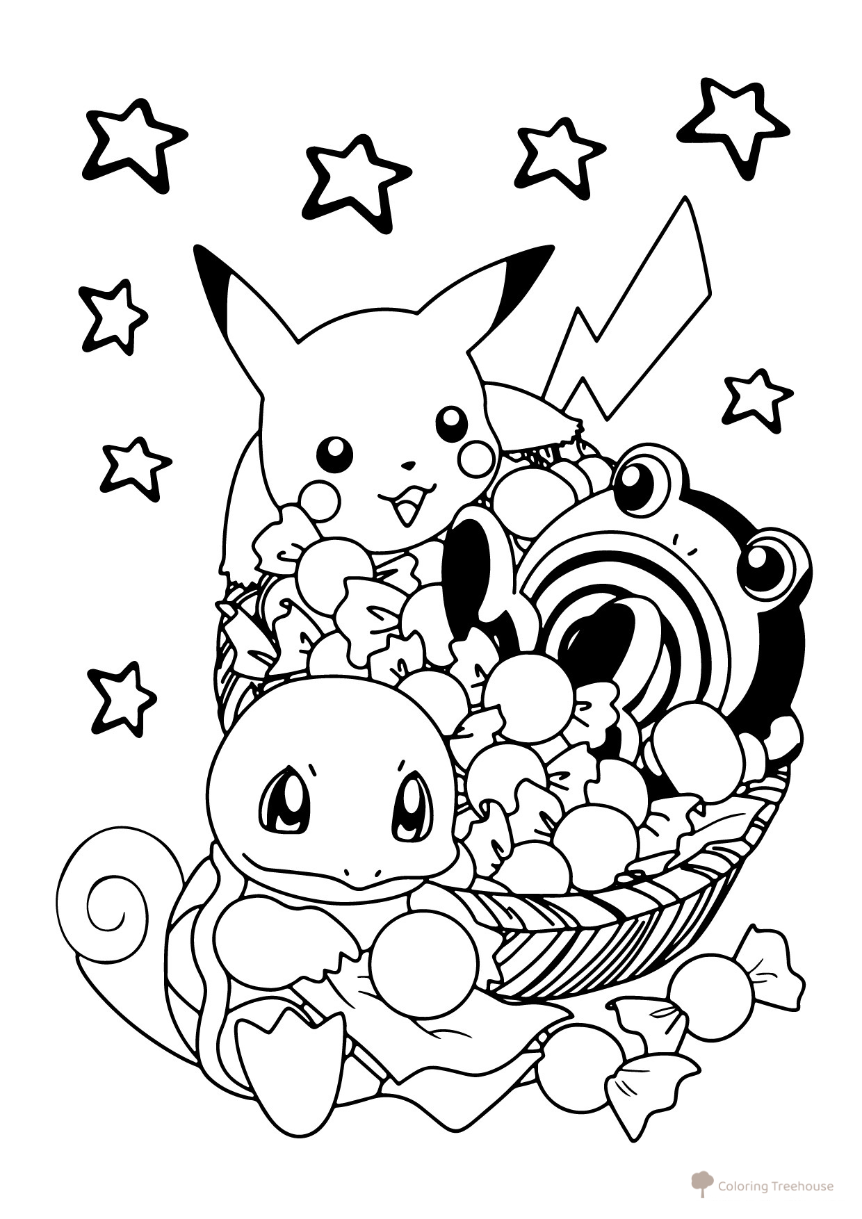Pikachu y Bulbasaur comiendo caramelos - página para colorear dibujo para colorear gratis de Páginas para colorear de Pikachu