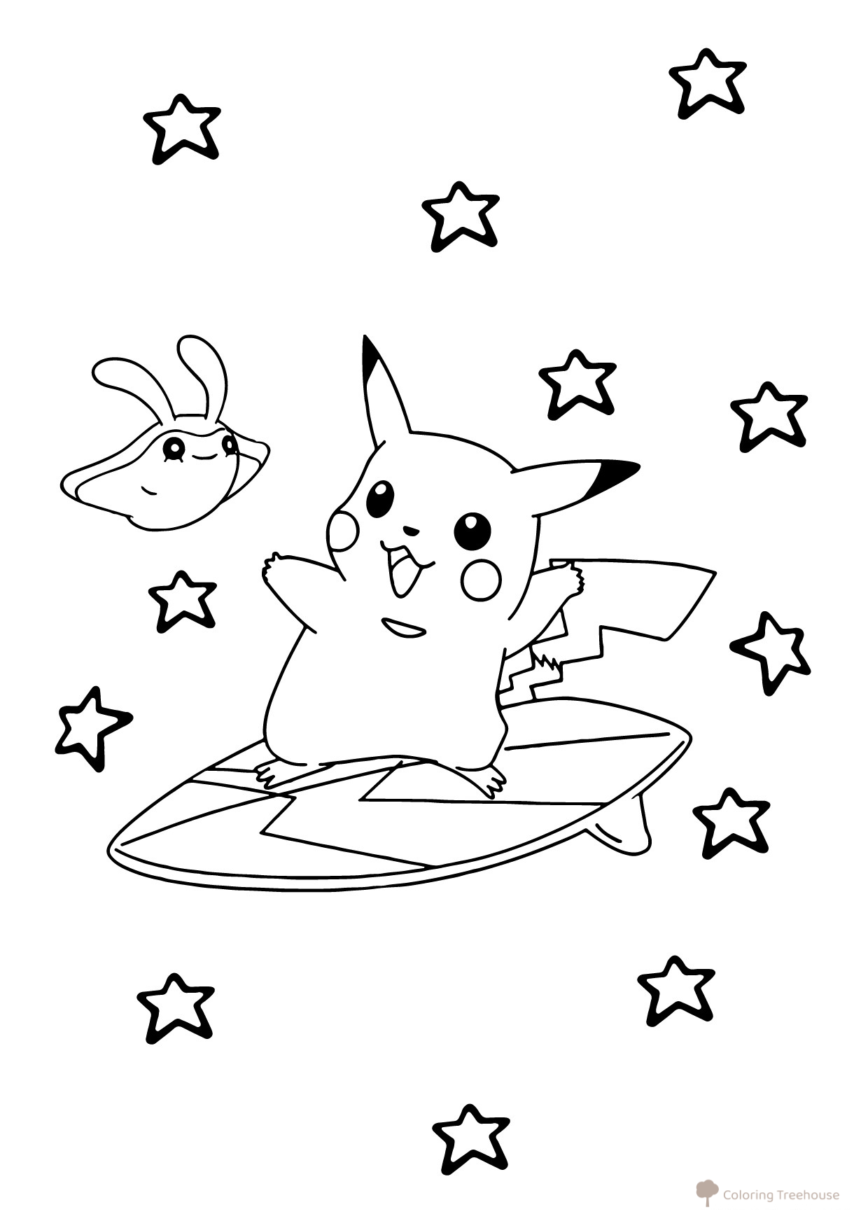 Pikachu sobre una tabla de surf - Página para colorear dibujo para colorear gratis de Páginas para colorear de Pikachu