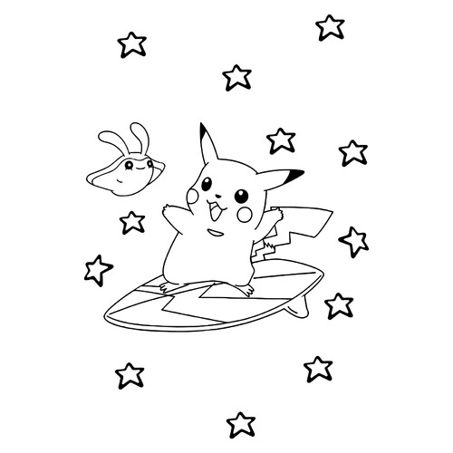 Pikachu sobre una tabla de surf - Página para colorear dibujo para colorear gratis de Páginas para colorear de Pikachu