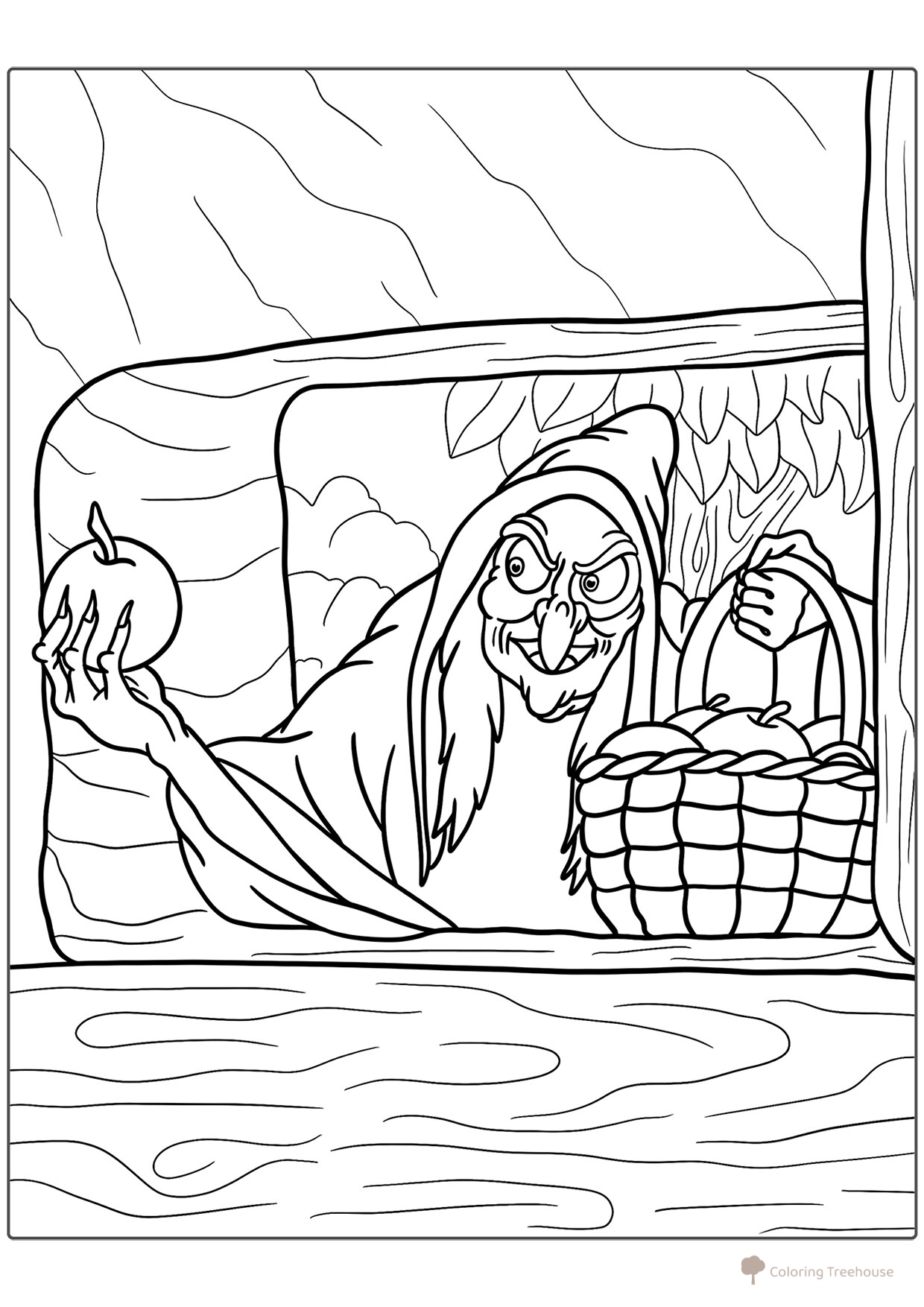 Ilustración para colorear: La malvada reina con la manzana envenenada dibujo para colorear gratis de Blancanieves — páginas para colorear