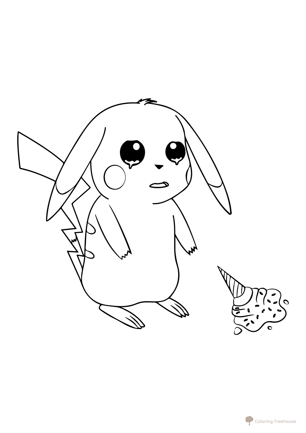 Pikachu dejó caer el helado - página para colorear dibujo para colorear gratis de Páginas para colorear de Pikachu