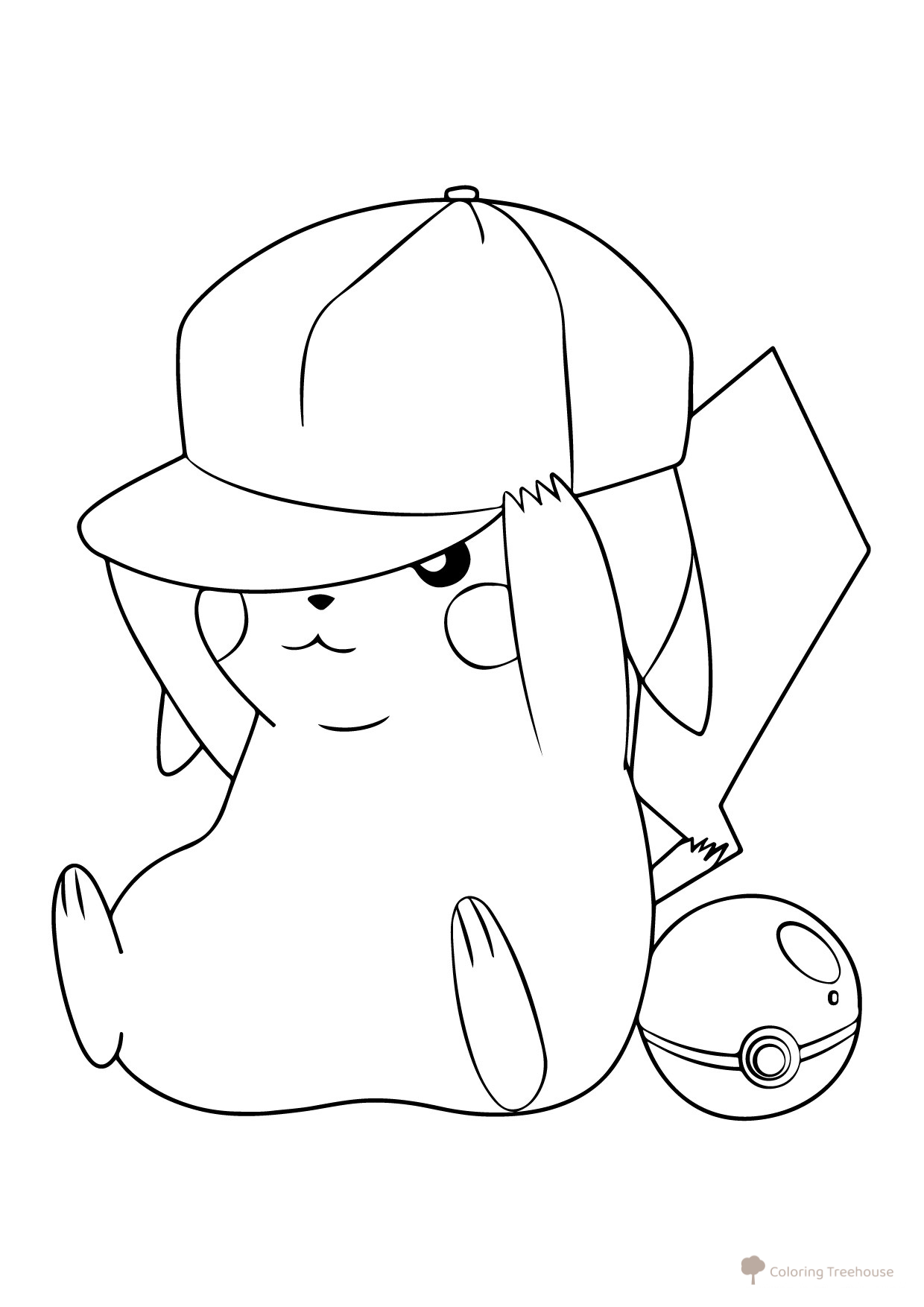 Pikachu in a Cap and Poké Ball Coloring Page free printable Pikachu Coloring Pages coloring page